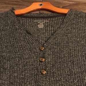Grey Long sleeve Waffle V Neck Button Sweater